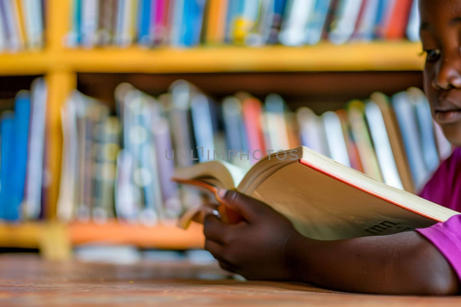 Black child reading a book in a library, Ai Generative..