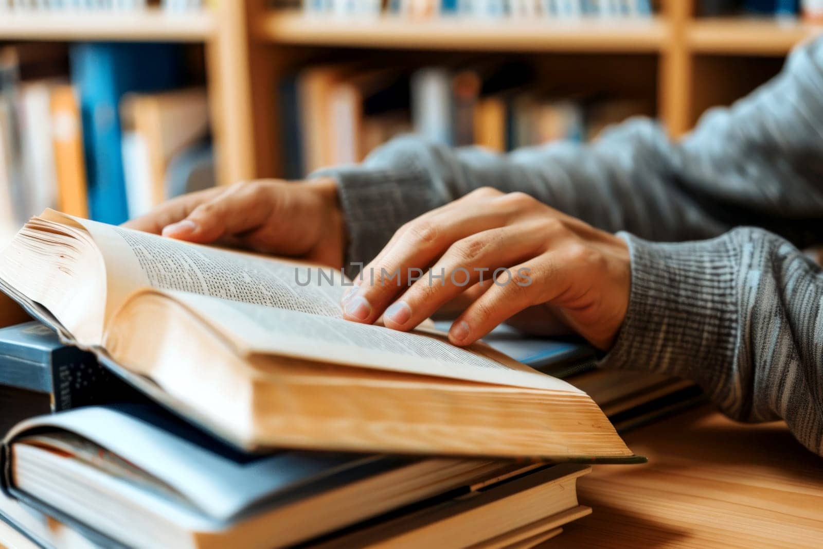 a man reading and studying in his book in the library. generative A.