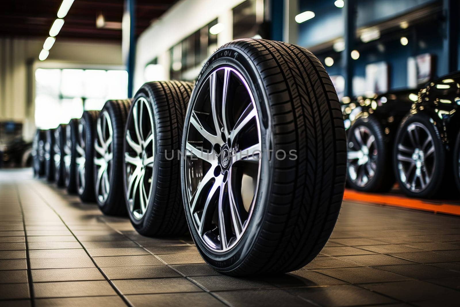 close up tire car in Tire shop, Group of new tires for sale in a tire shop. Generative Ai.