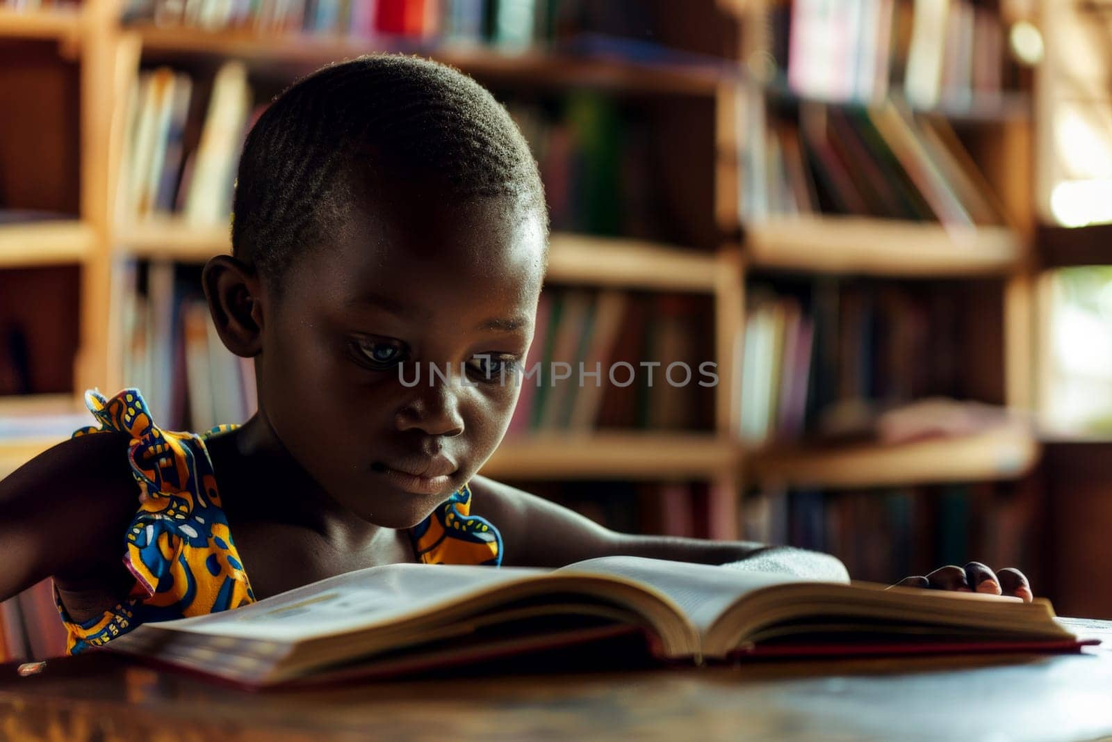 Black child reading a book in a library, Ai Generative..