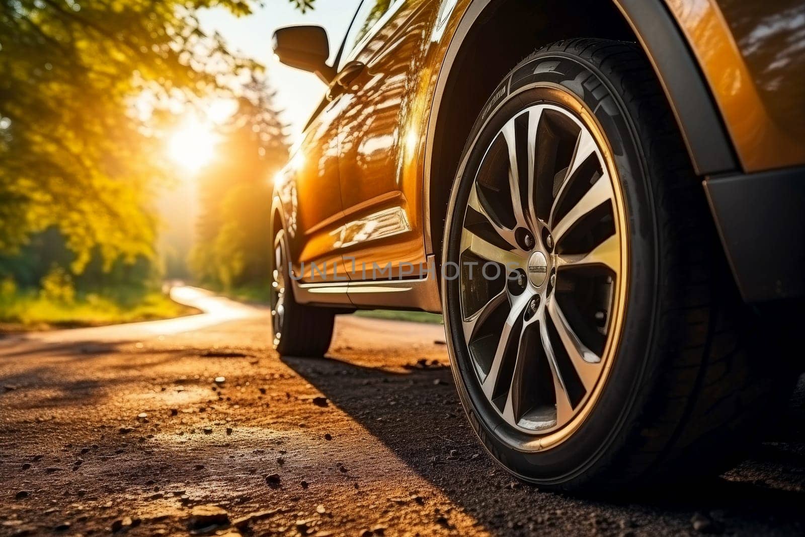 close up tire car in sunset on road, Group of new tires for sale in a tire shop. Generative Ai.