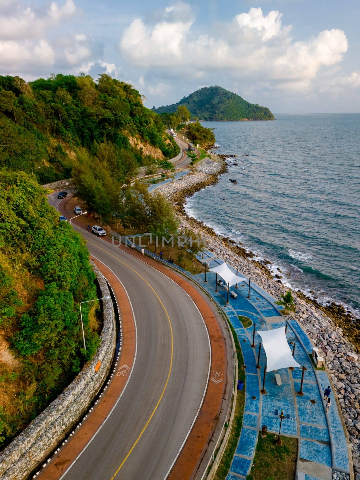 car driving on the curved road of Thailand. drive on the beachside highway. Chantaburi Province Thailand,