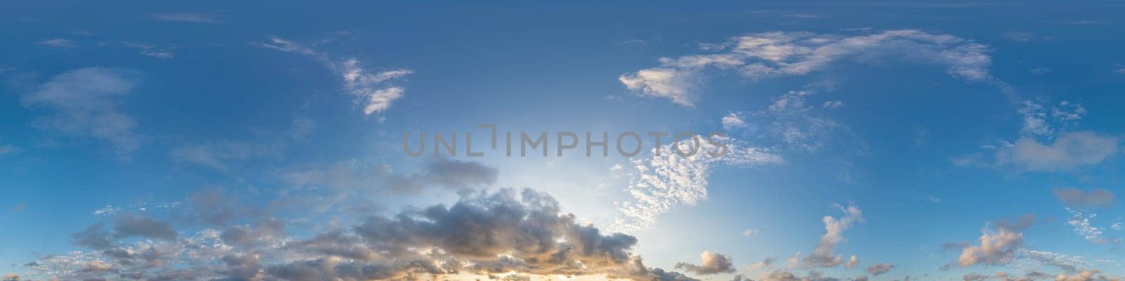 Dark blue sunset sky panorama with pink Cumulus clouds. Seamless hdr 360 pano in spherical equirectangular format. Full zenith for 3D visualization, game, sky replacement for aerial drone panoramas