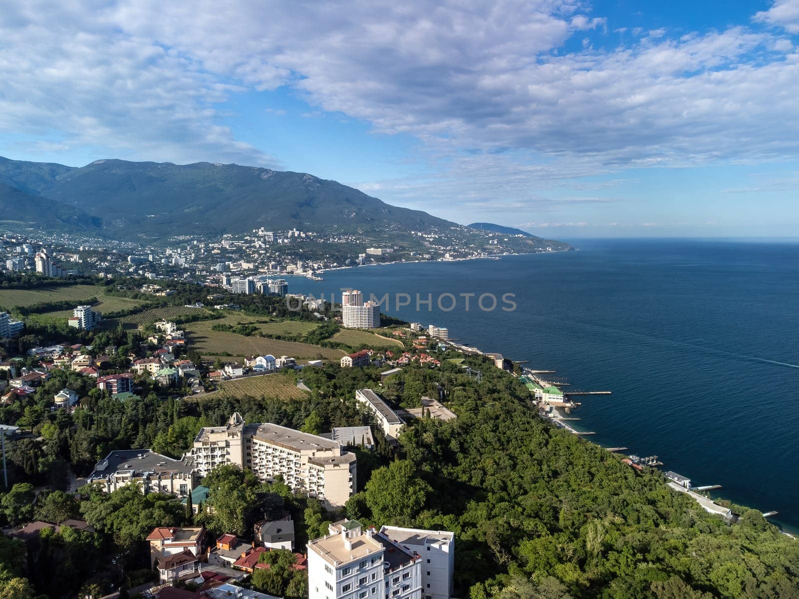 Aerial View of Livadia Palace - located on the shores of the Black Sea in the village of Livadia in the Yalta region of Crimea. Livadia Palace was a summer retreat of the last Russian tsar Nicholas II by panophotograph