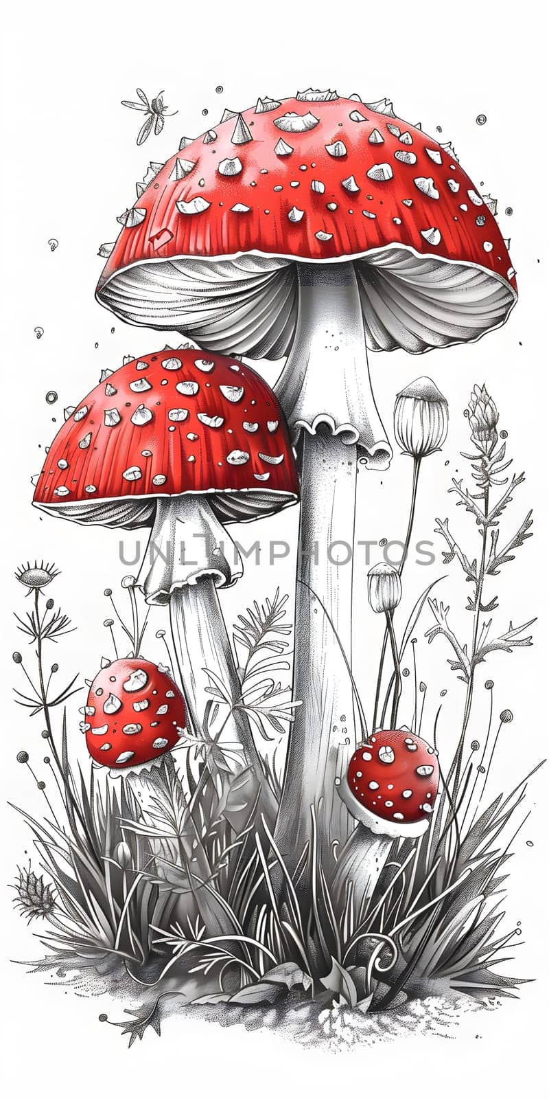A photograph capturing a pencil drawing of three red mushrooms growing in the grass, showcasing the beauty of nature and botany in a terrestrial plant ecosystem