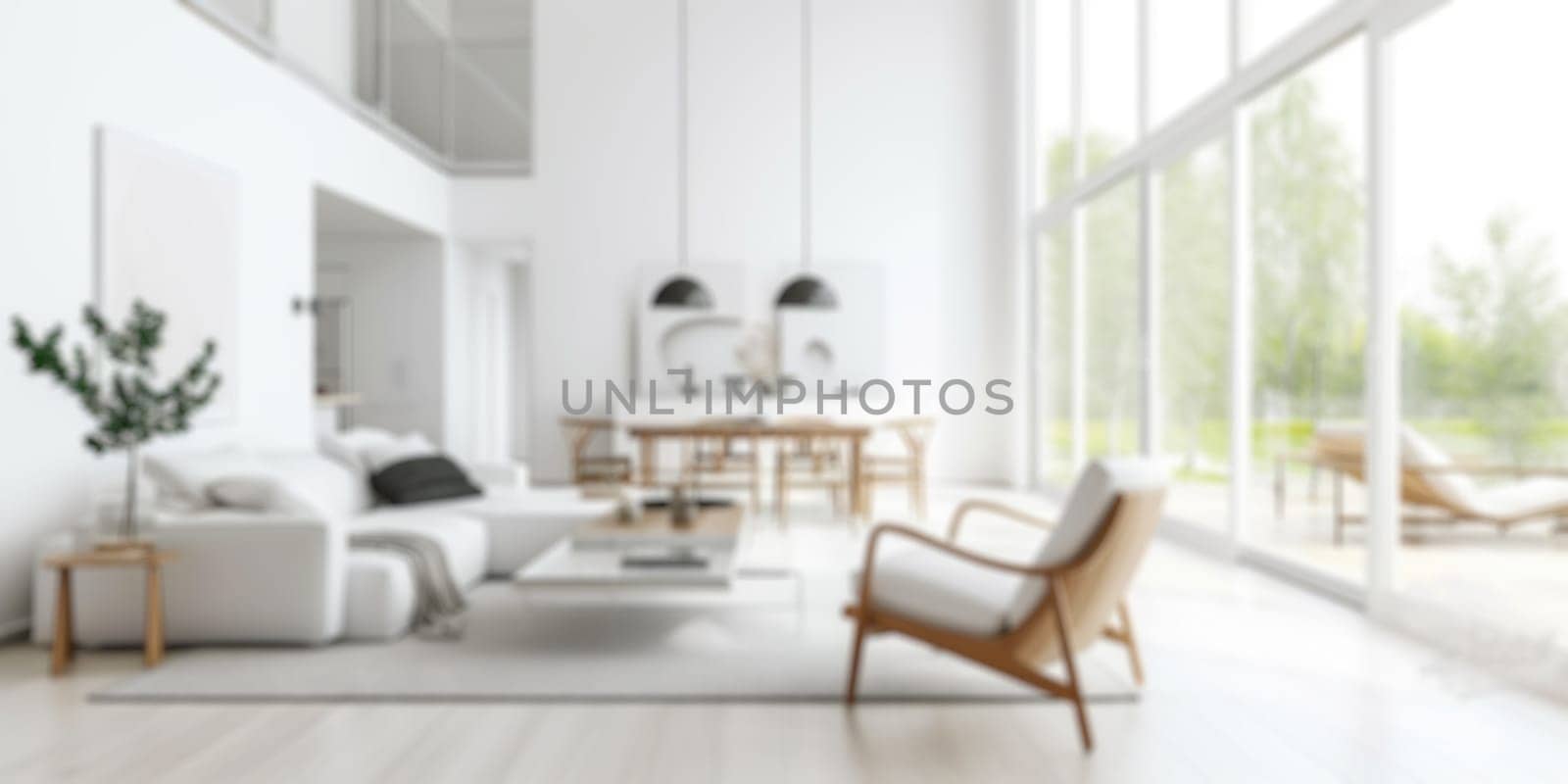 Defocused shot of a bright, airy Scandinavian-style living space with minimalist design. Resplendent.