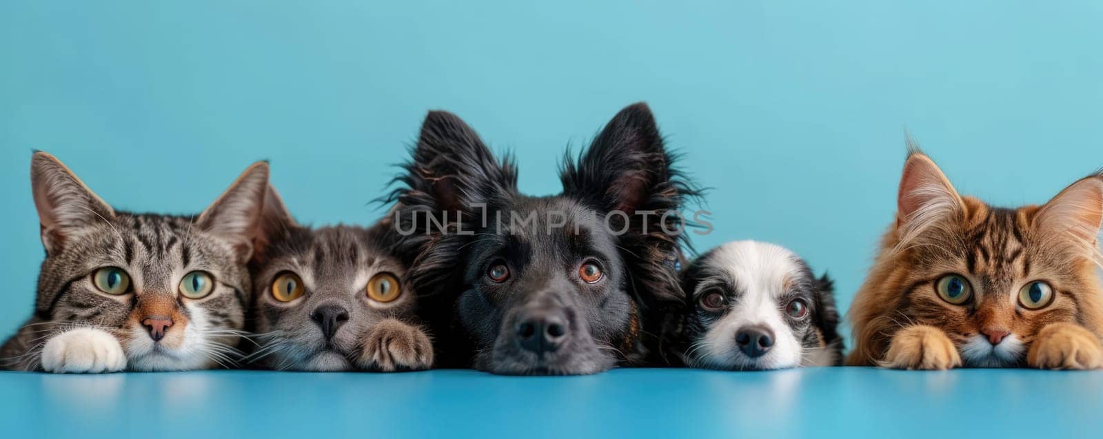 The picture of front view and close up of the multiple group of the various cat and dog in front of the bright blue background that look back to the camera with the curious and interest face. AIGX03.