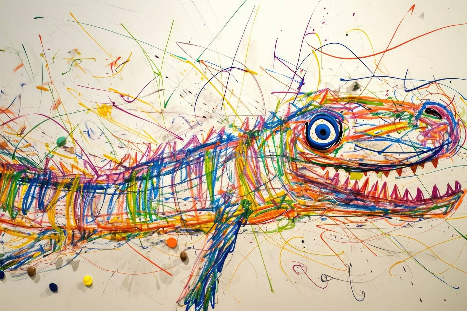 The hand drawing colourful picture of the single alligator or the crocodile that has been drawn by the colored pencil or the crayon on the white background that seem to be drawn by the child. AIGX01.