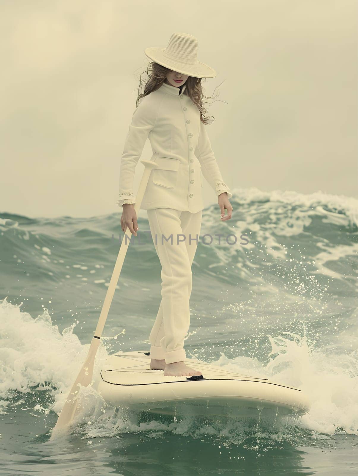 A woman in a white suit gracefully rides a powerful wind wave on her surfboard, skillfully maneuvering her legs to navigate the sloping landscape of the water