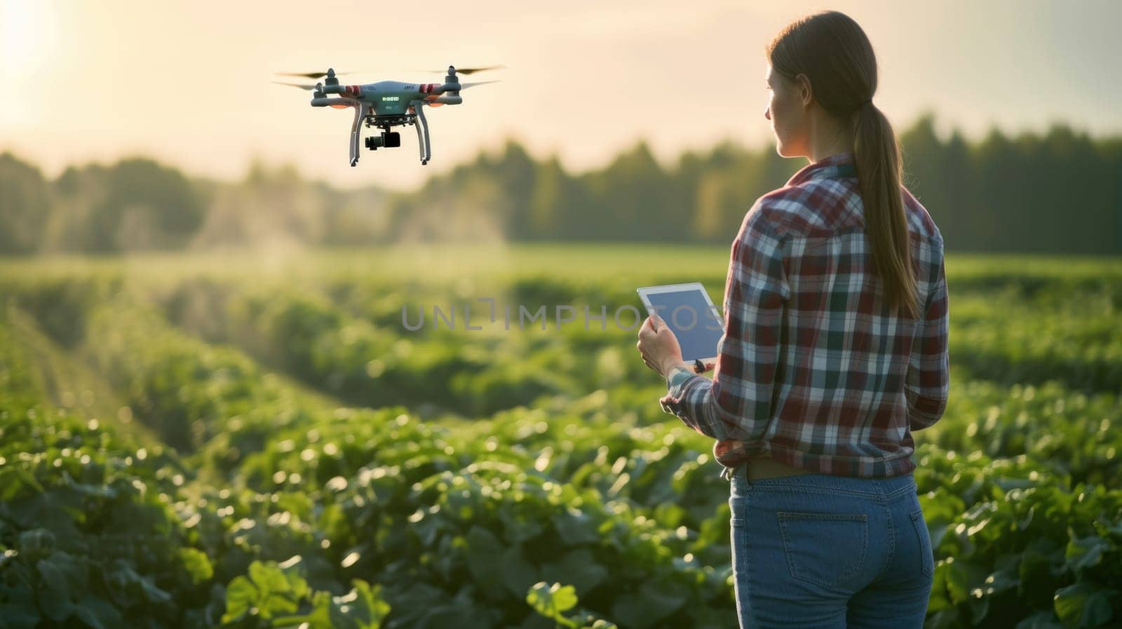 A woman flies a drone over a grassy field by making gestures AIG41 by biancoblue