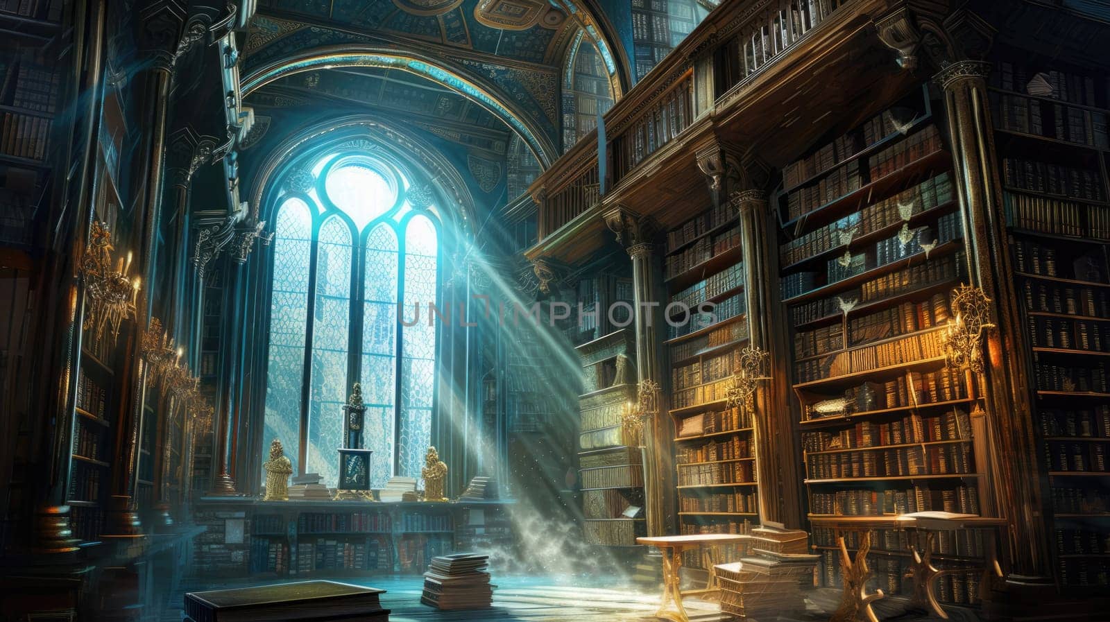 An ancient library filled with magical books, glowing orbs. Resplendent. by biancoblue