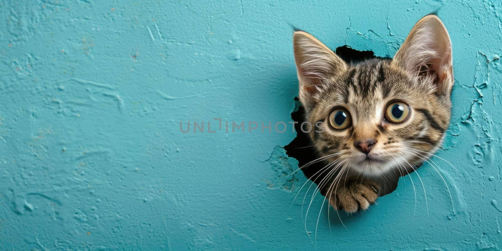 Close up view picture of the hollow blue hole on the the wall that show the cat stay inside the wall that has been made from some material yet still can break to look through the other side. AIGX03.