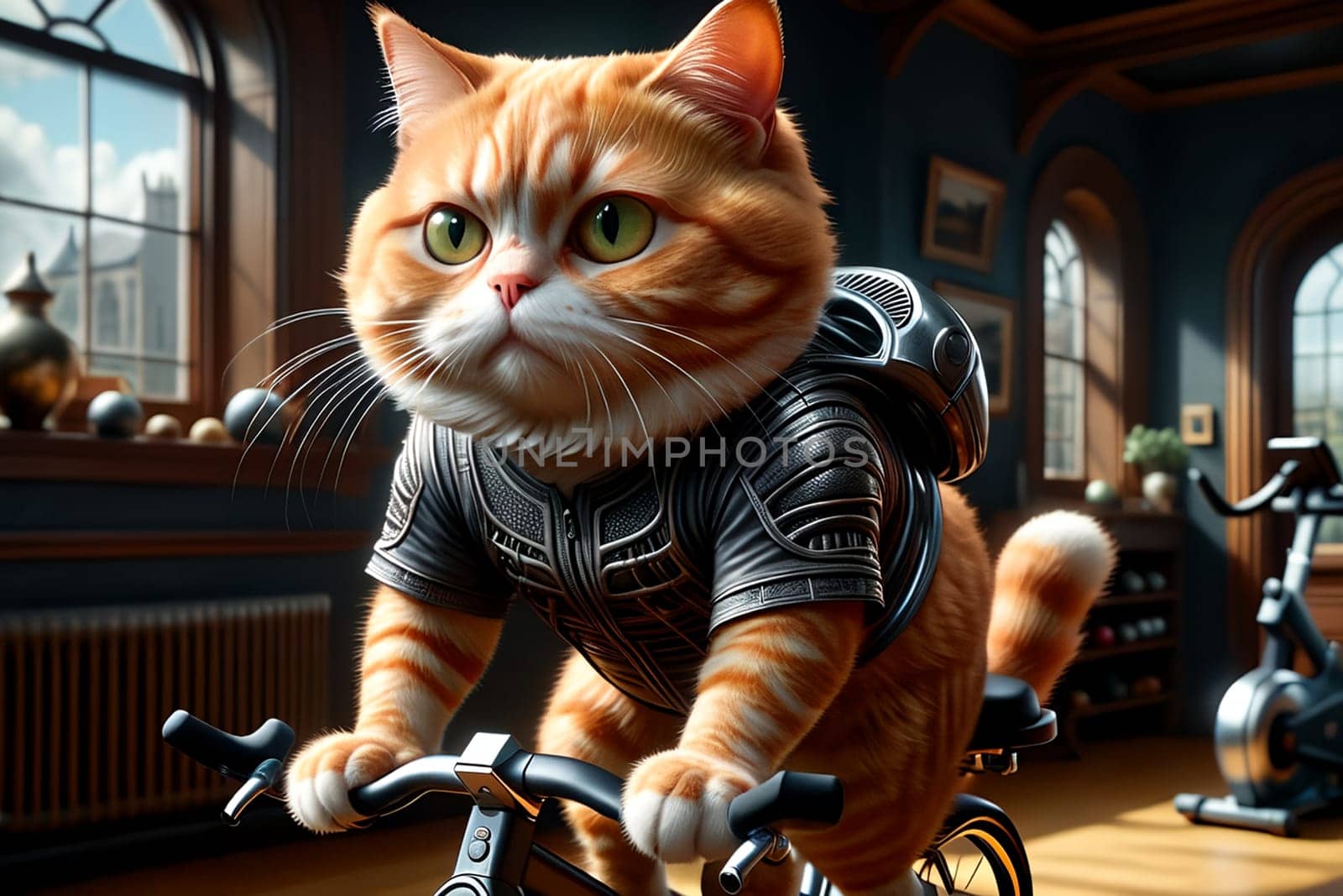 A fat cat in a T-shirt is doing sports in the gym .AI generated image.