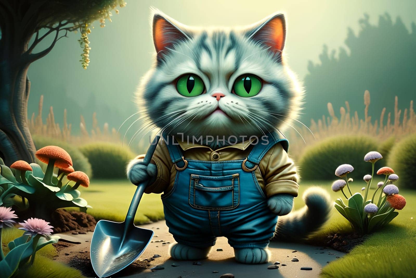 cat with a shovel works on his site . AI generated image.
