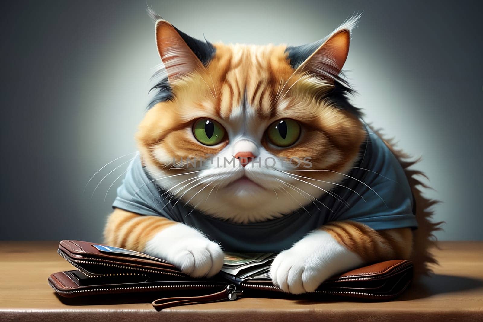 Fat cat with a wallet. Isolated on a light background. . AI generated image.