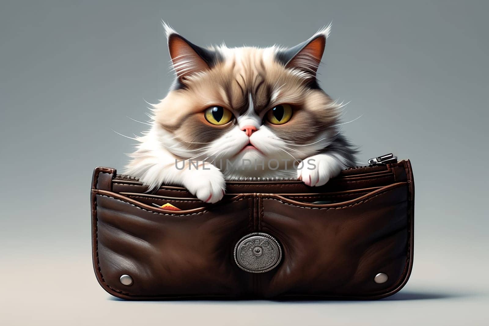 Fat cat with a wallet. Isolated on a light background. . AI generated image.