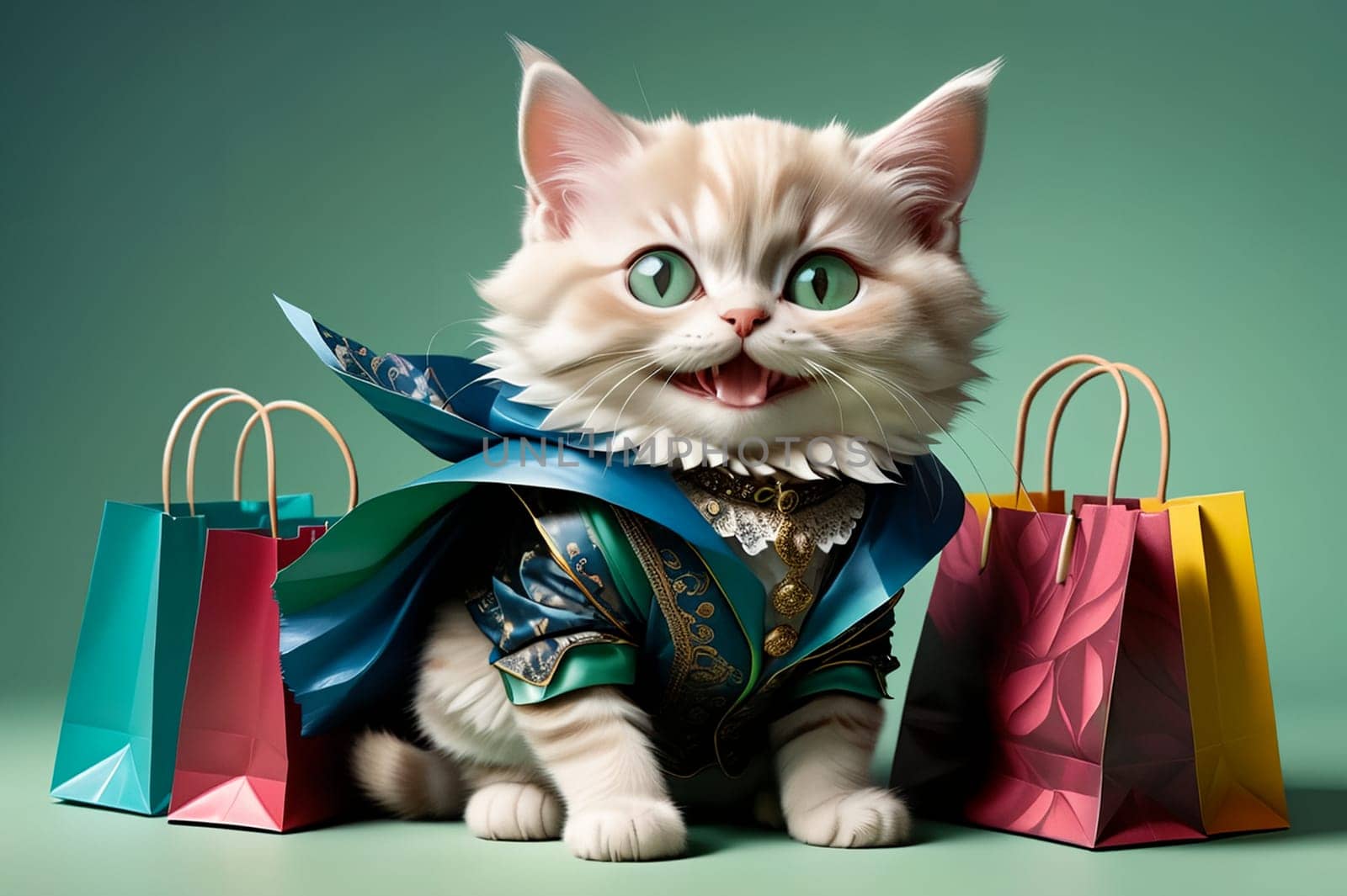 fashionable cat with shopping. AI generated image.