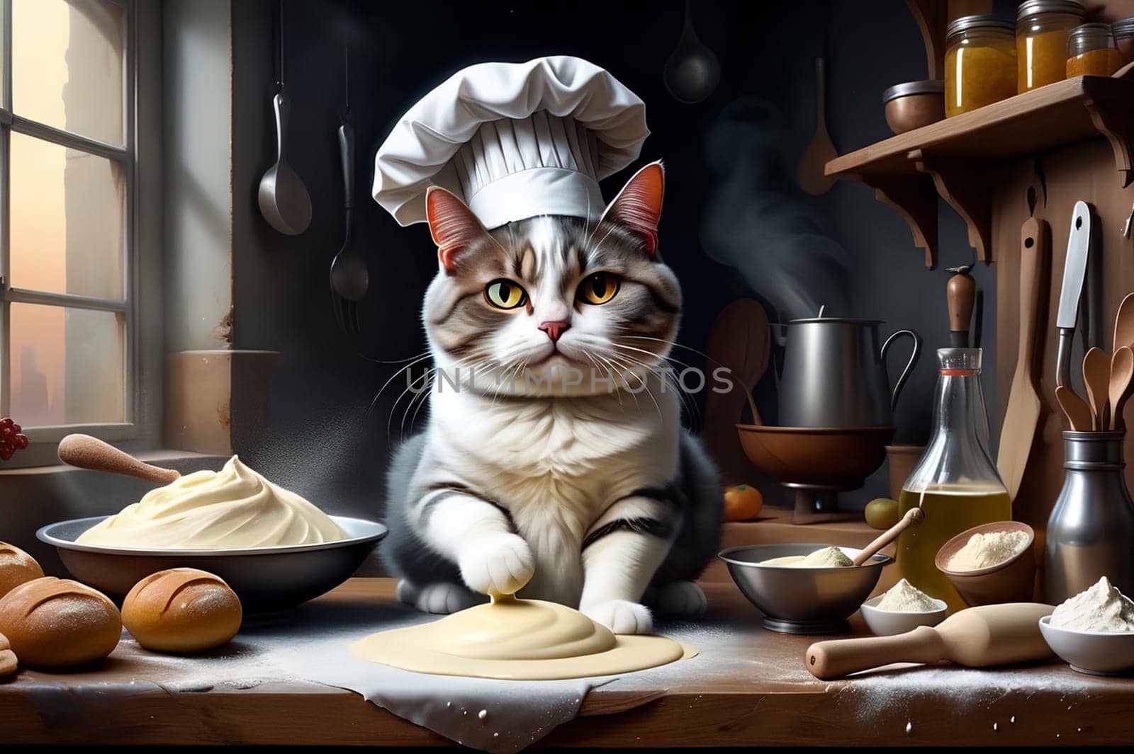 chef cat kneads dough in the kitchen. AI generated image.