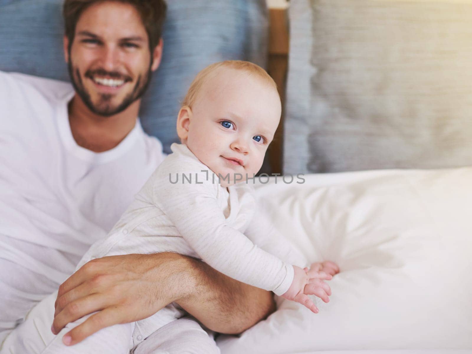 Family, happy and father with baby in bedroom for bonding, relationship and care for parenting. Love, portrait and dad playing with newborn infant for child development, support and affection in home.
