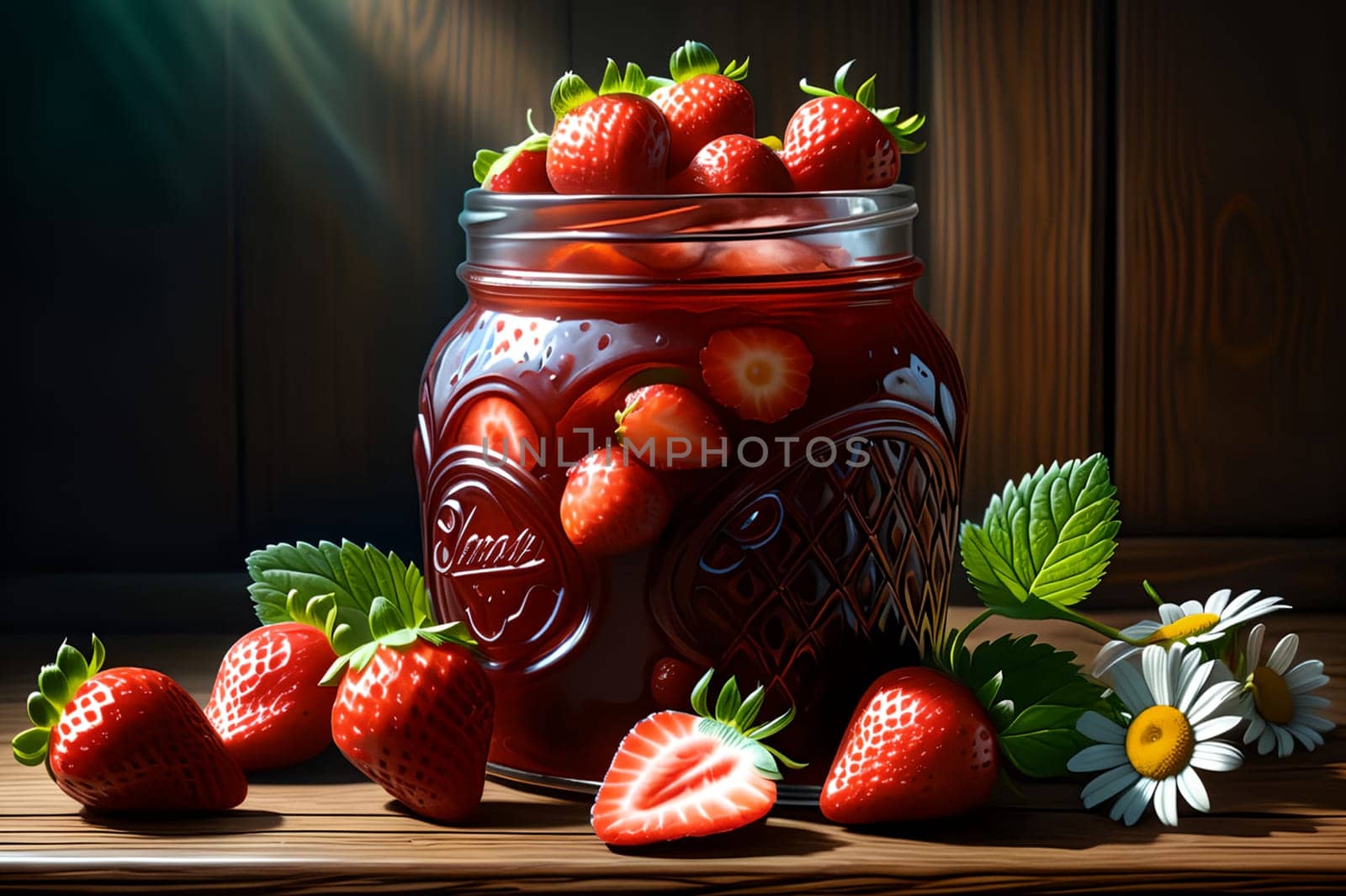 strawberry jam on wooden background. AI generated image.