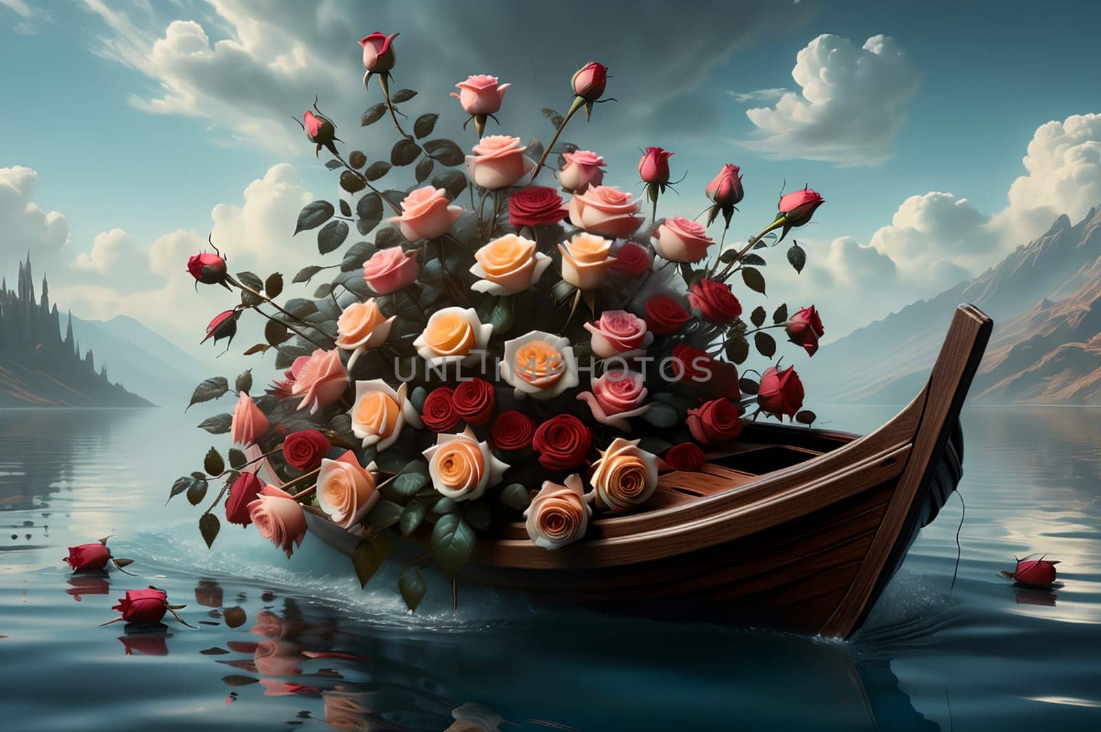 a boat full of roses floats on the water .AI generated image.