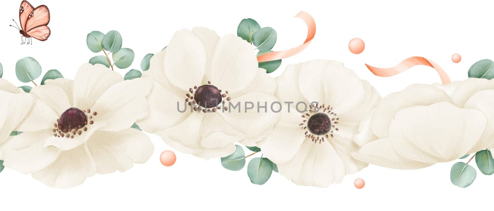 A seamless border delicate white anemones, eucalyptus leaves, adorned with ribbons, rhinestones and butterflies. watercolor illustration for wedding invitations, greeting cards or design projects.