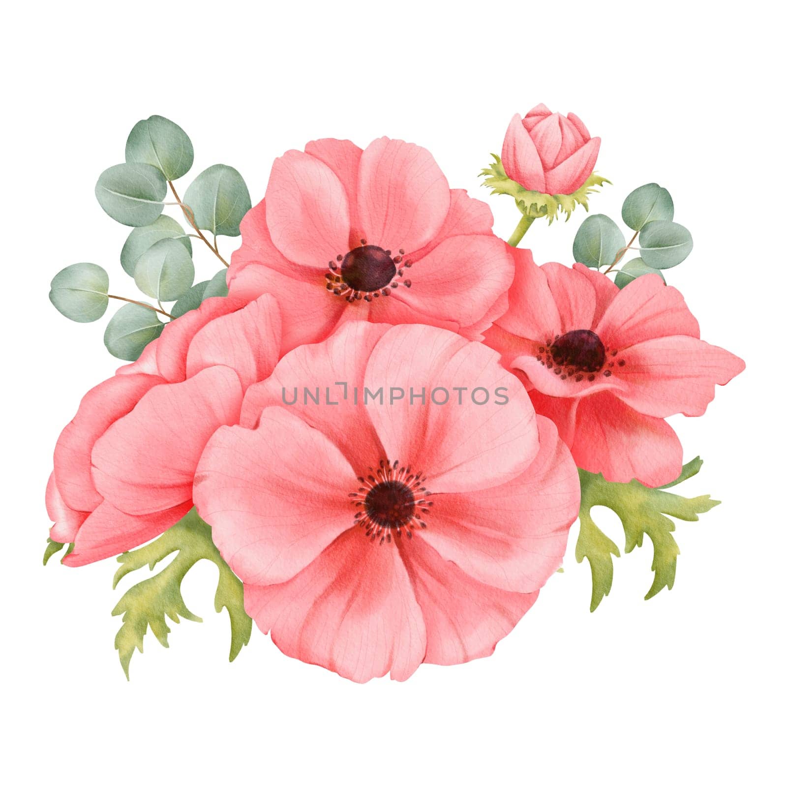 A watercolor composition pink anemone flowers, fresh greenery, and eucalyptus leaves, for wedding invitations, greeting cards, floral-themed branding, art prints, digital wallpapers and home decor.