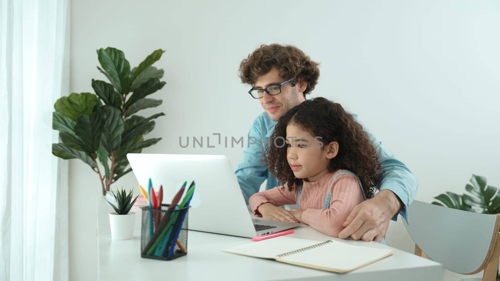 Caucasian father teaching attractive daughter about coding engineering prompt while american school girl focus on looking laptop screen and study programing system. Pedagogy and ai generate. Pedagogy.