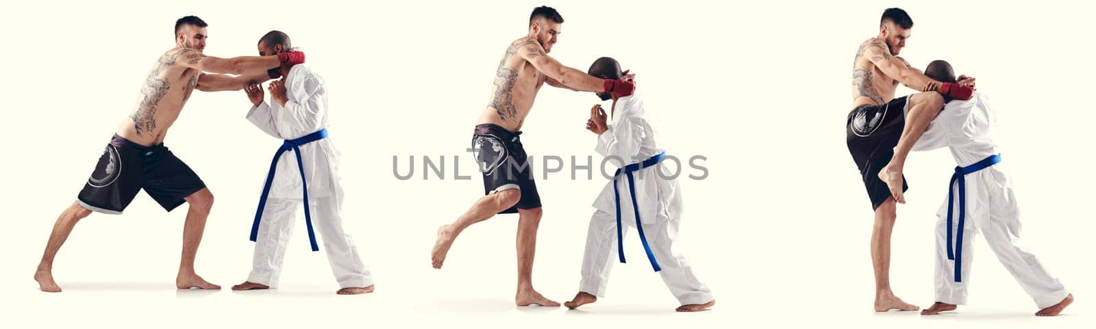 MMA, karate and male fighters in studio, banner and competition with action on white background. Fitness, exercise and impact sports for martial arts people, combat and composite for training.