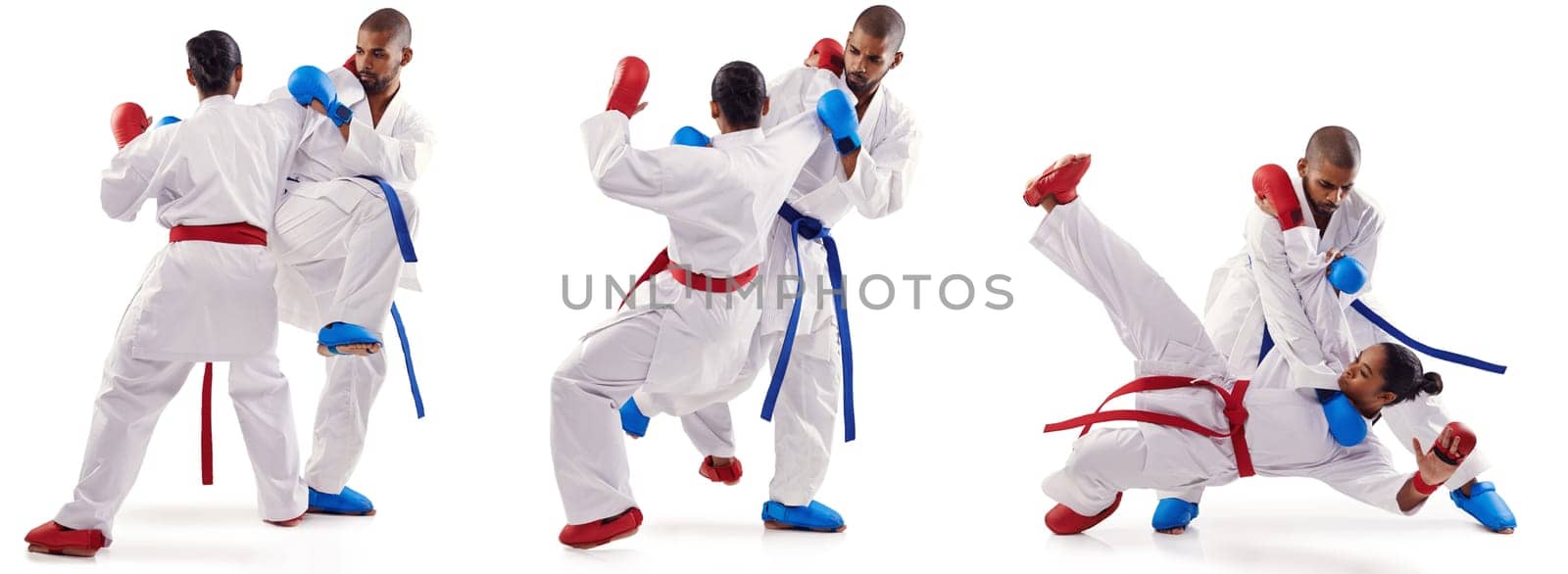 Karate, fight and people in studio exercise, training with gloves on fist or collage of class. Composite, montage and student learning from teacher in martial arts with kick or punch technique by YuriArcurs