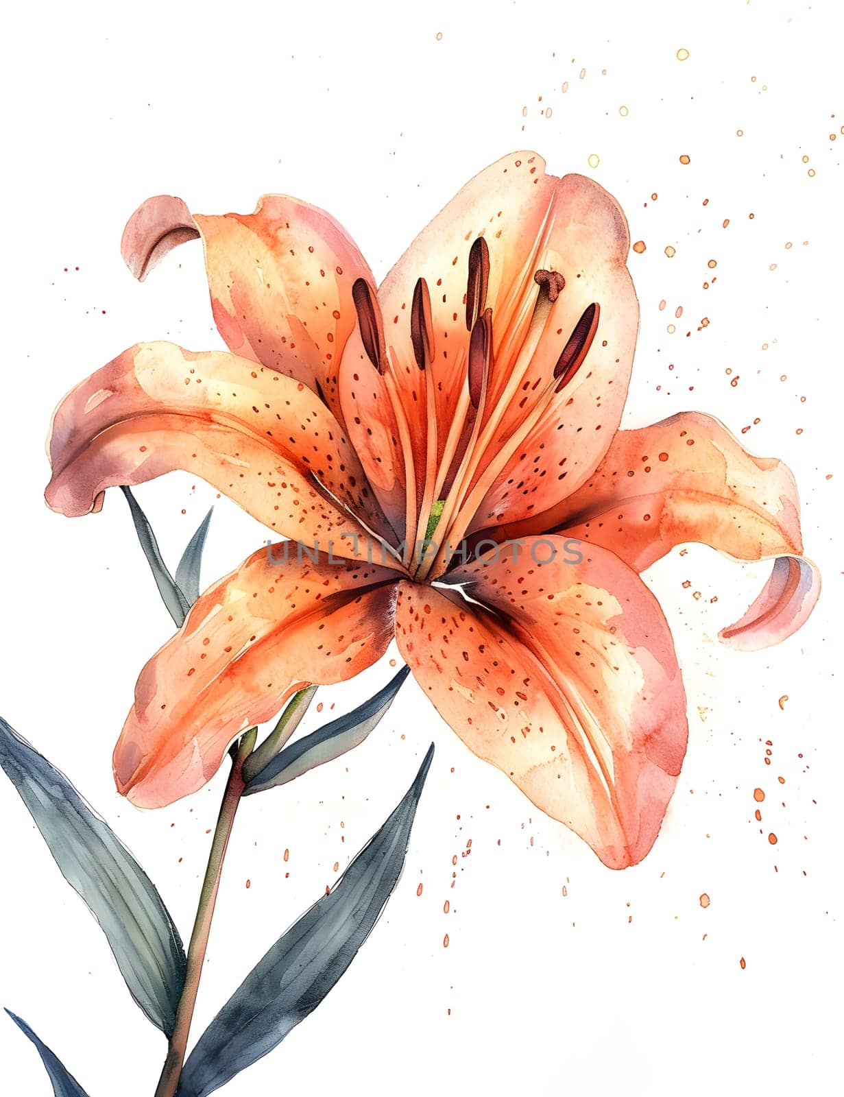 A painting of a terrestrial plant, an orange lily with green leaves on a white background, capturing the beauty of nature through art and watercolor paint
