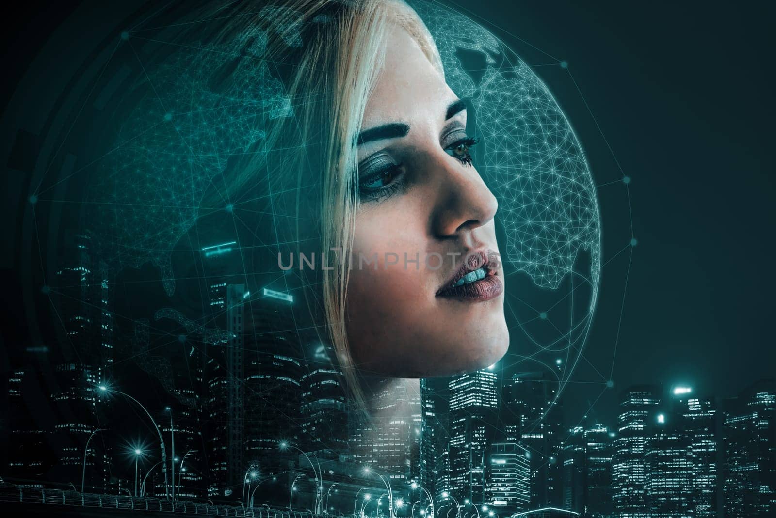 Double Exposure Image of Business Person on modern city background. Future business and communication technology concept. Surreal futuristic cityscape and abstract multiple exposure interface. uds