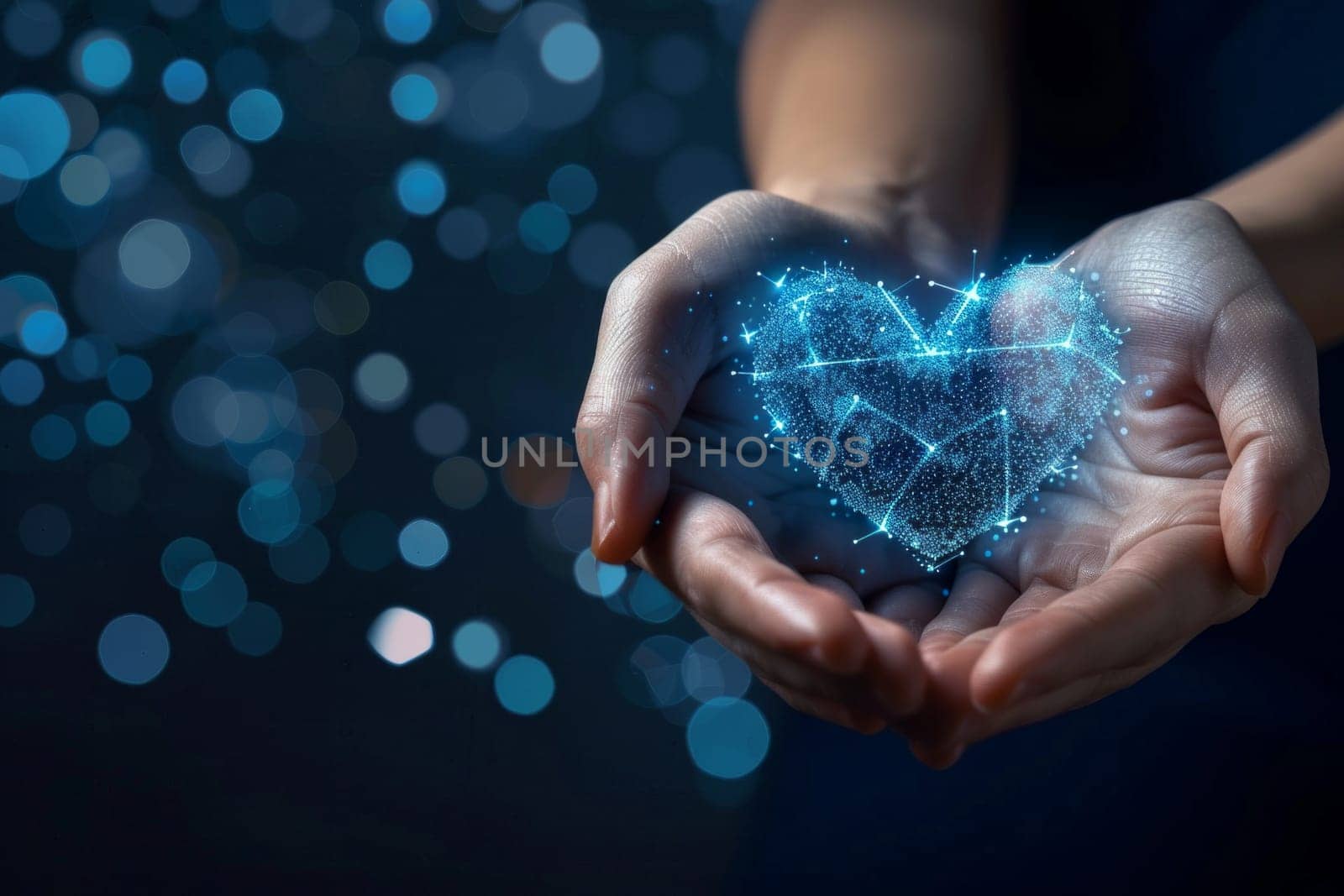 Hands holding a futuristic hologram heart shape. Embracing AI and future technology innovation.