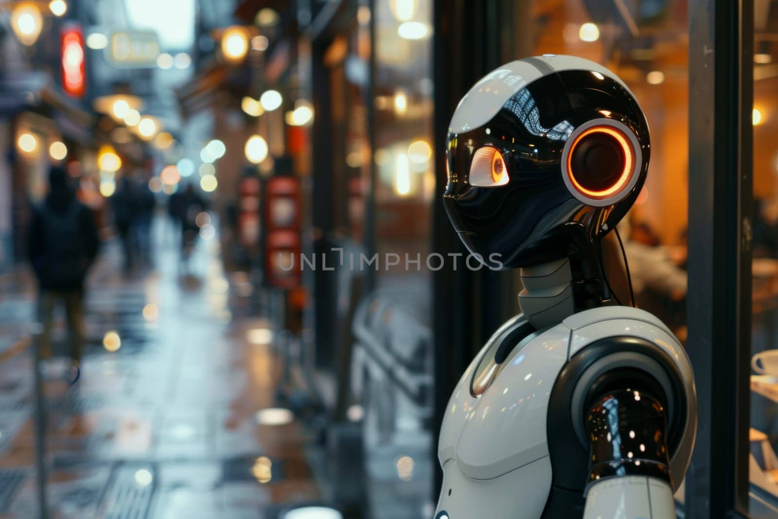 Robot using AI to help people and customers in a commercial urban street beside a shop entrance by papatonic