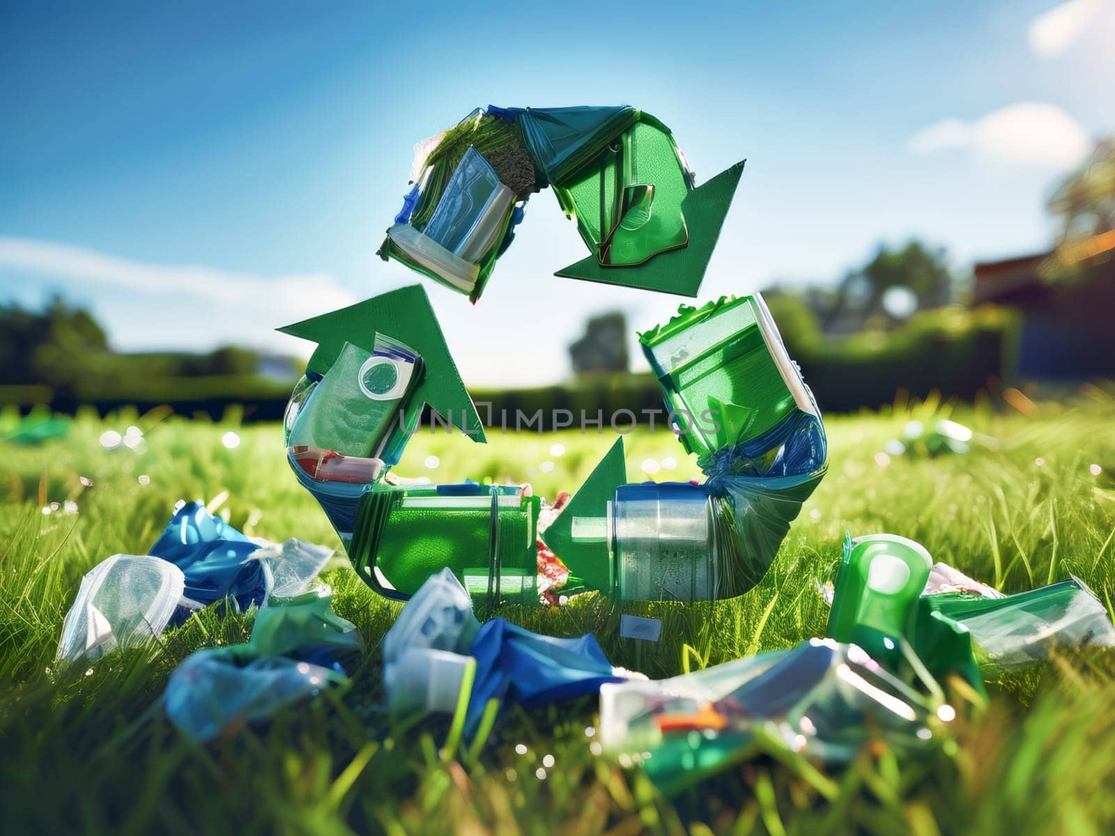 Recycling symbol, recycle sign, plastic trash on nature background. environment concept, Recycle green symbol made of plastic bottle trash