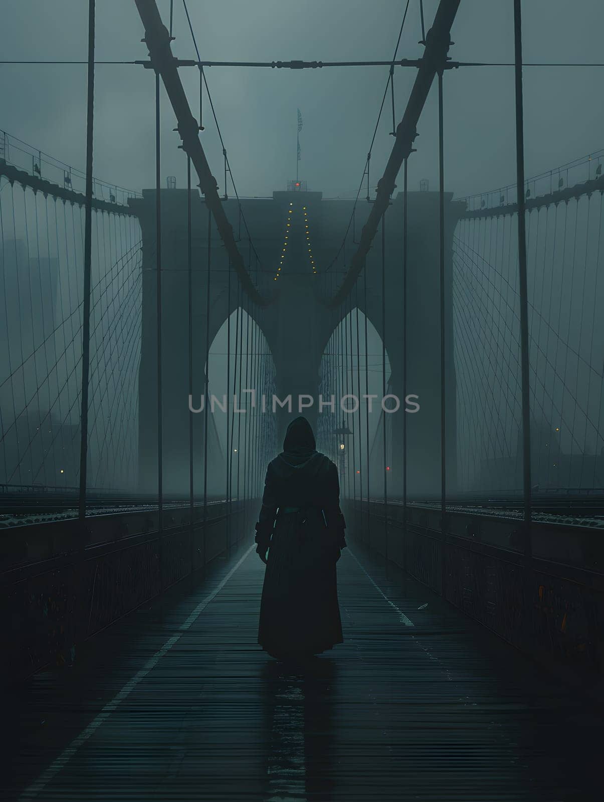 a man in a trench coat is walking across a bridge in the fog by Nadtochiy
