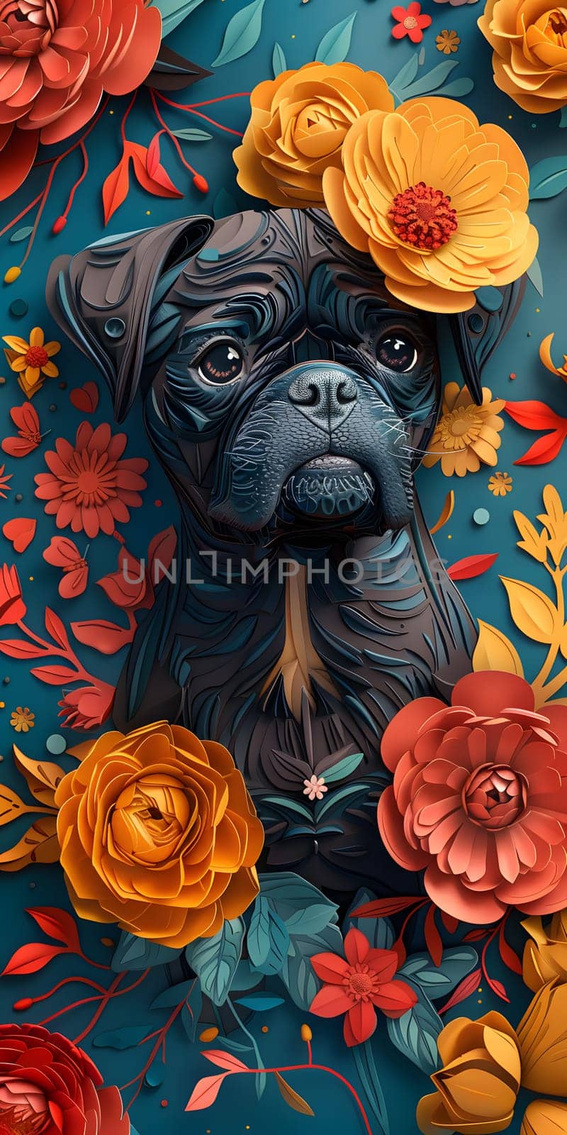 A pug dog, a small dog breed, is depicted surrounded by orange flowers on a blue background in a beautiful piece of art