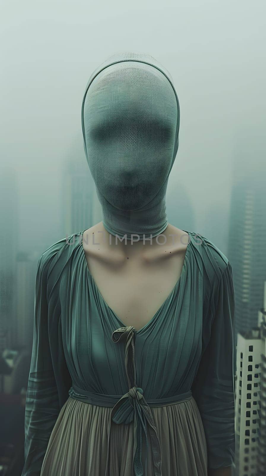 A woman, with a mask on her face, stands in front of a foggy city. Her electric blue sleeve contrasts with the darkness. Her gesture speaks of art and fashion design