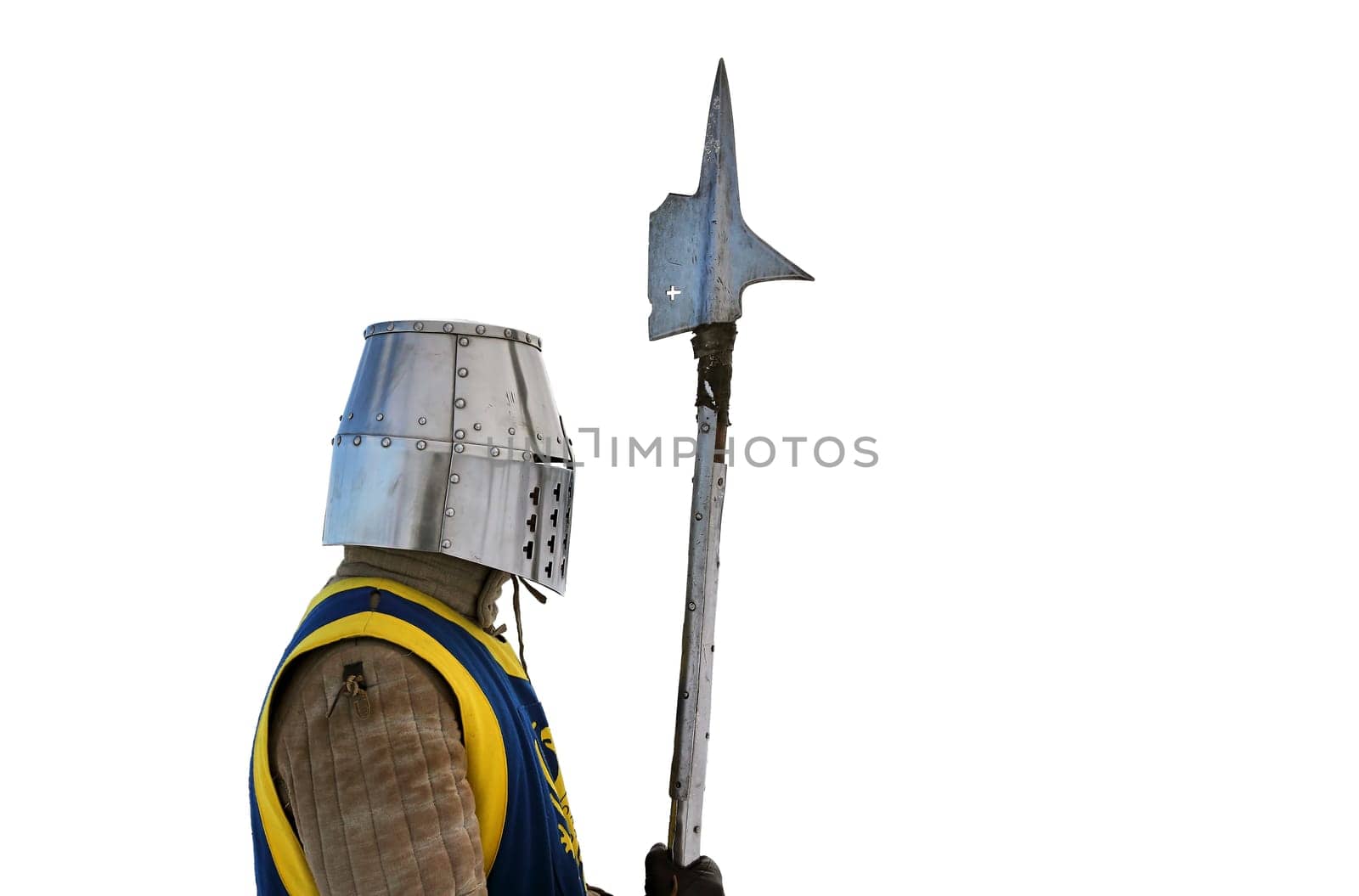 A medieval knights helmet with intricate details and rivets. Perfect for history, war, and reenactment projects, capturing the essence of the medieval era.