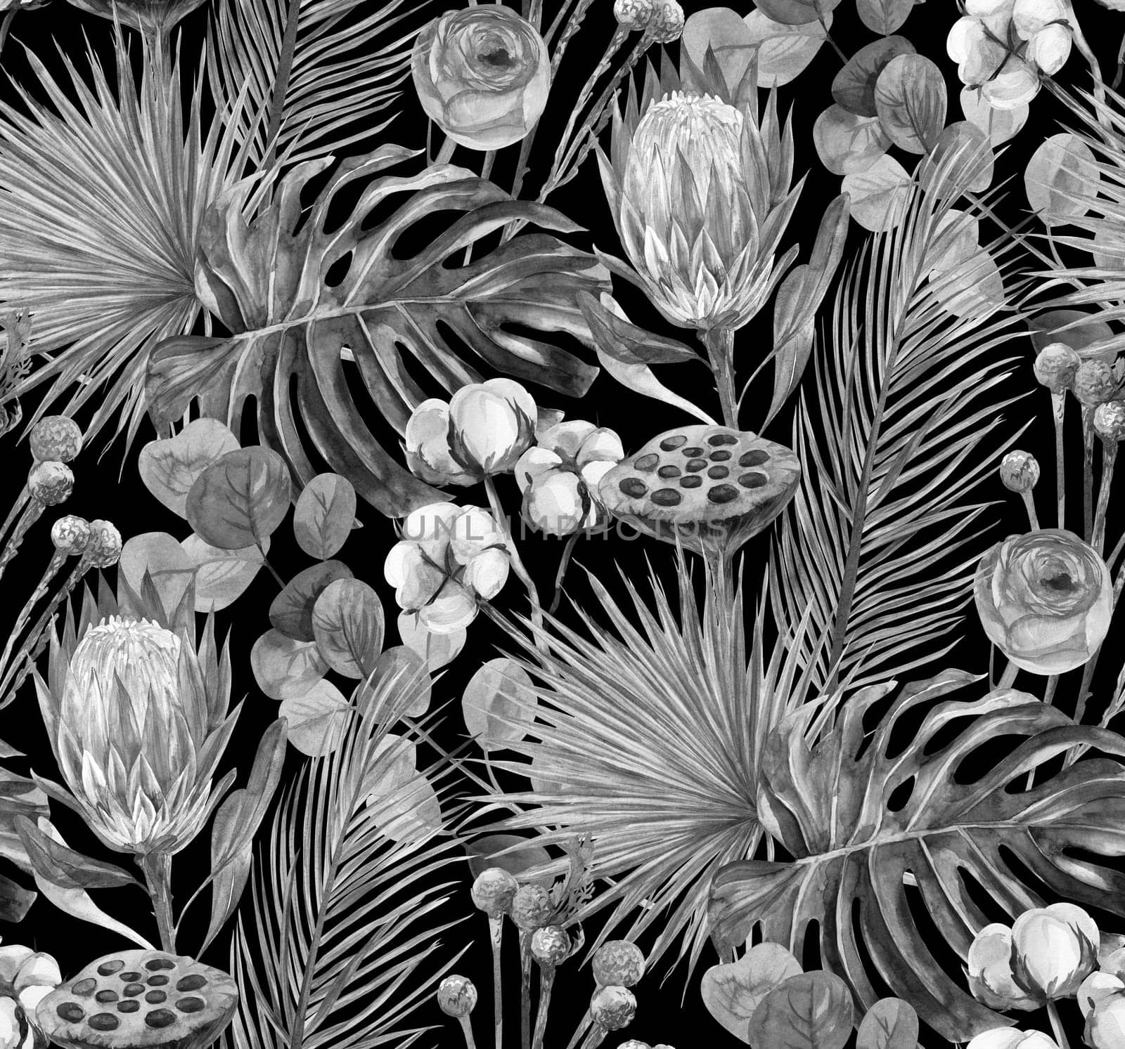 black and white watercolor seamless monochrome pattern with herbarium of dry palm leaves with protea and monstera flower and cotton twigs on a black background for textiles and wallpaper, as well as packaging and surface design