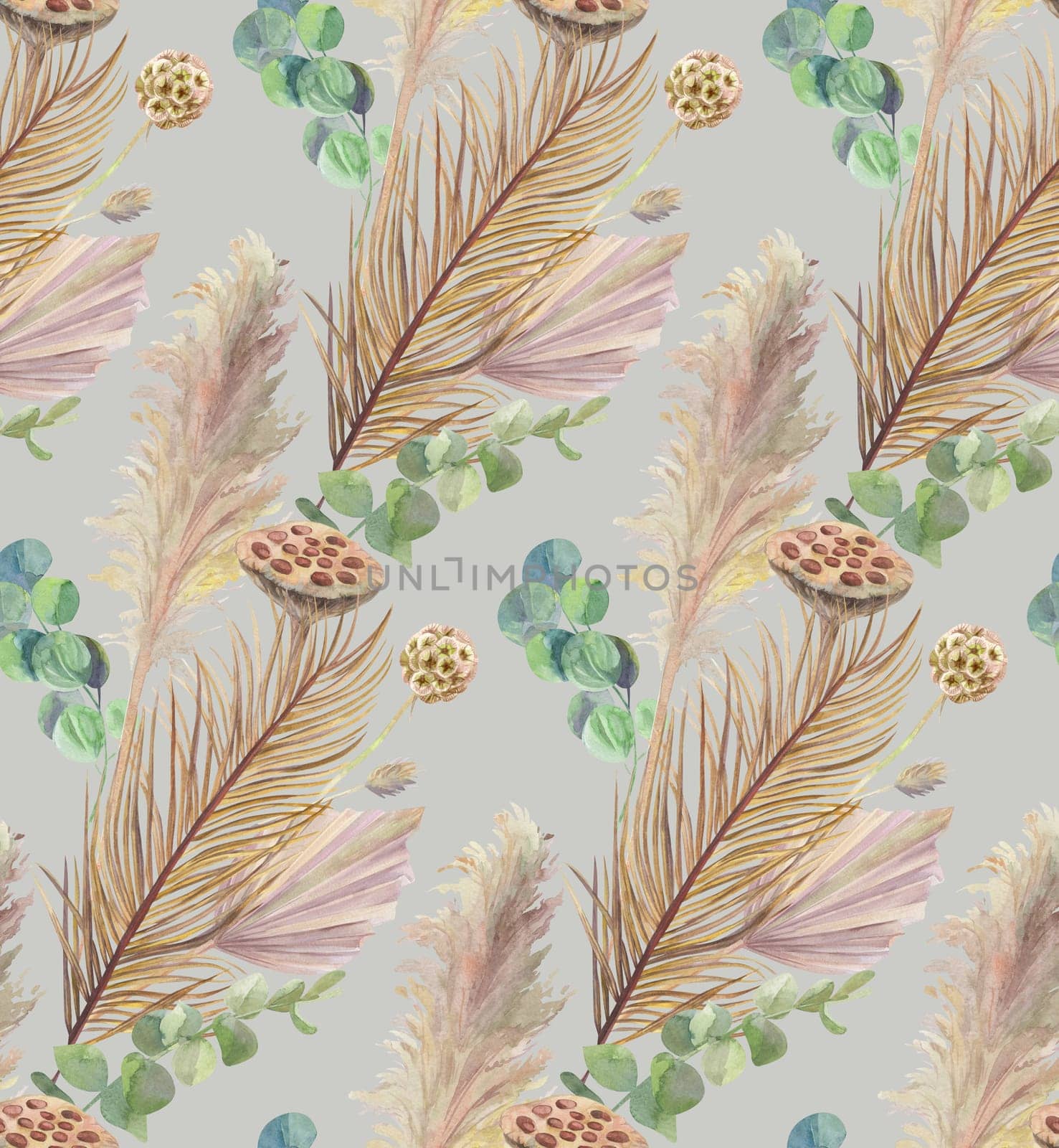 watercolor seamless pattern with dried flowers and dry palm leaves on gray background by MarinaVoyush