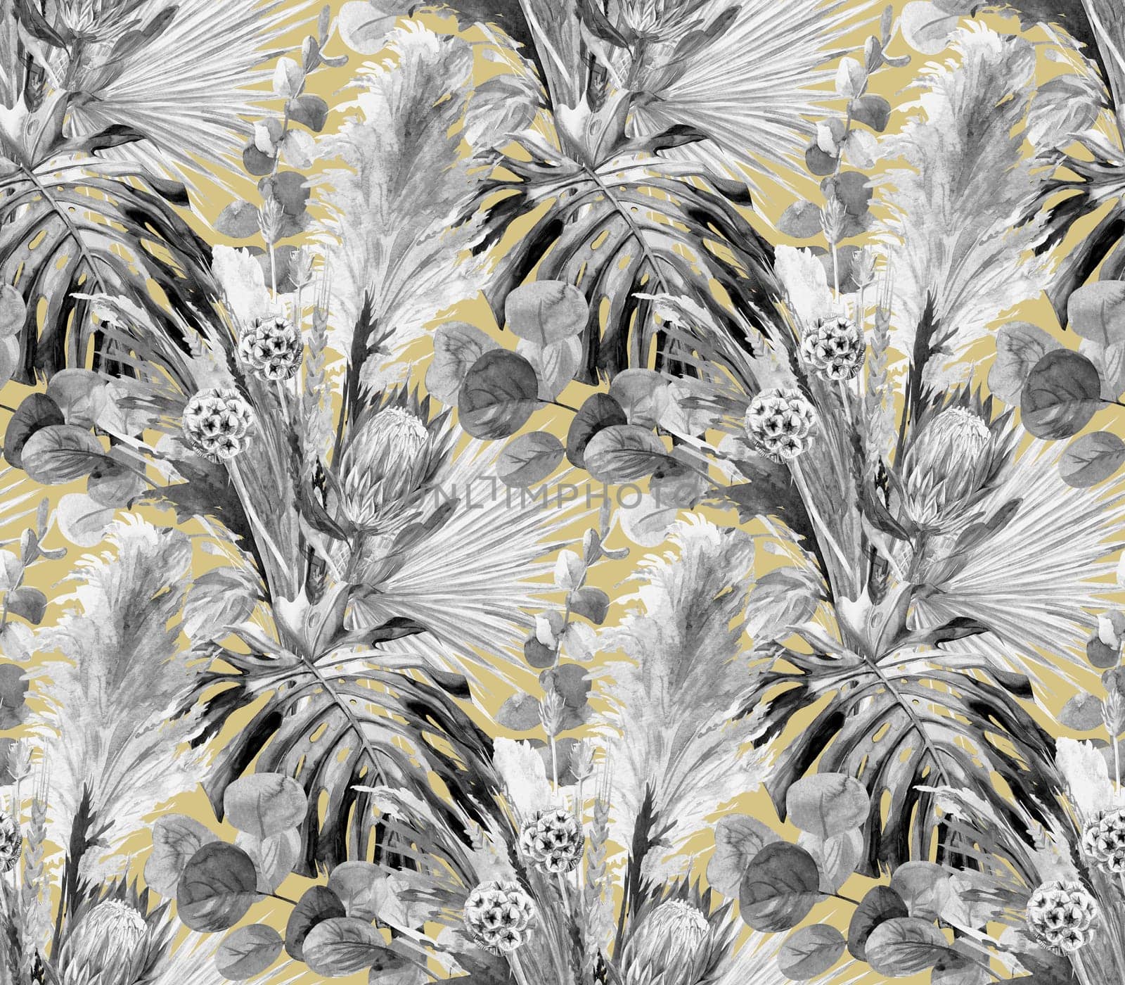 black and white watercolor seamless monochrome pattern with dry palm leaves by MarinaVoyush