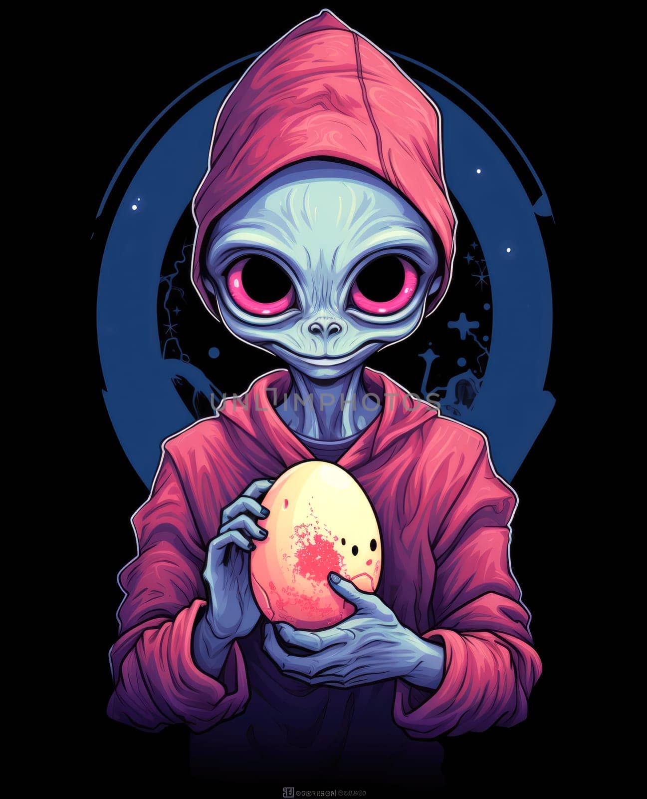 The alien is holding an Easter egg. Template for t-shirt print, sticker, poster, etc. Cartoon sci-fi character