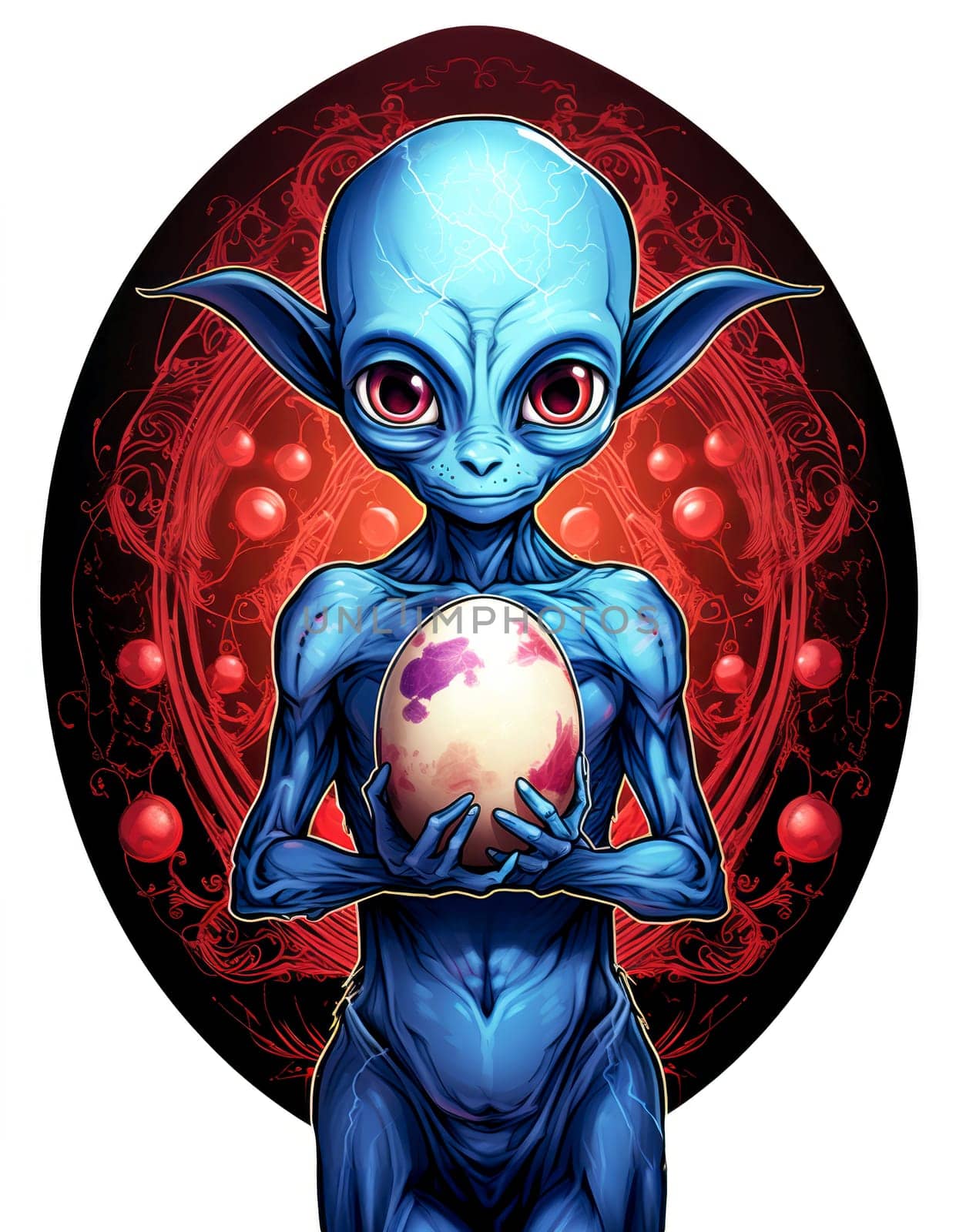The alien is holding an Easter egg.  Cartoon sci-fi character by palinchak