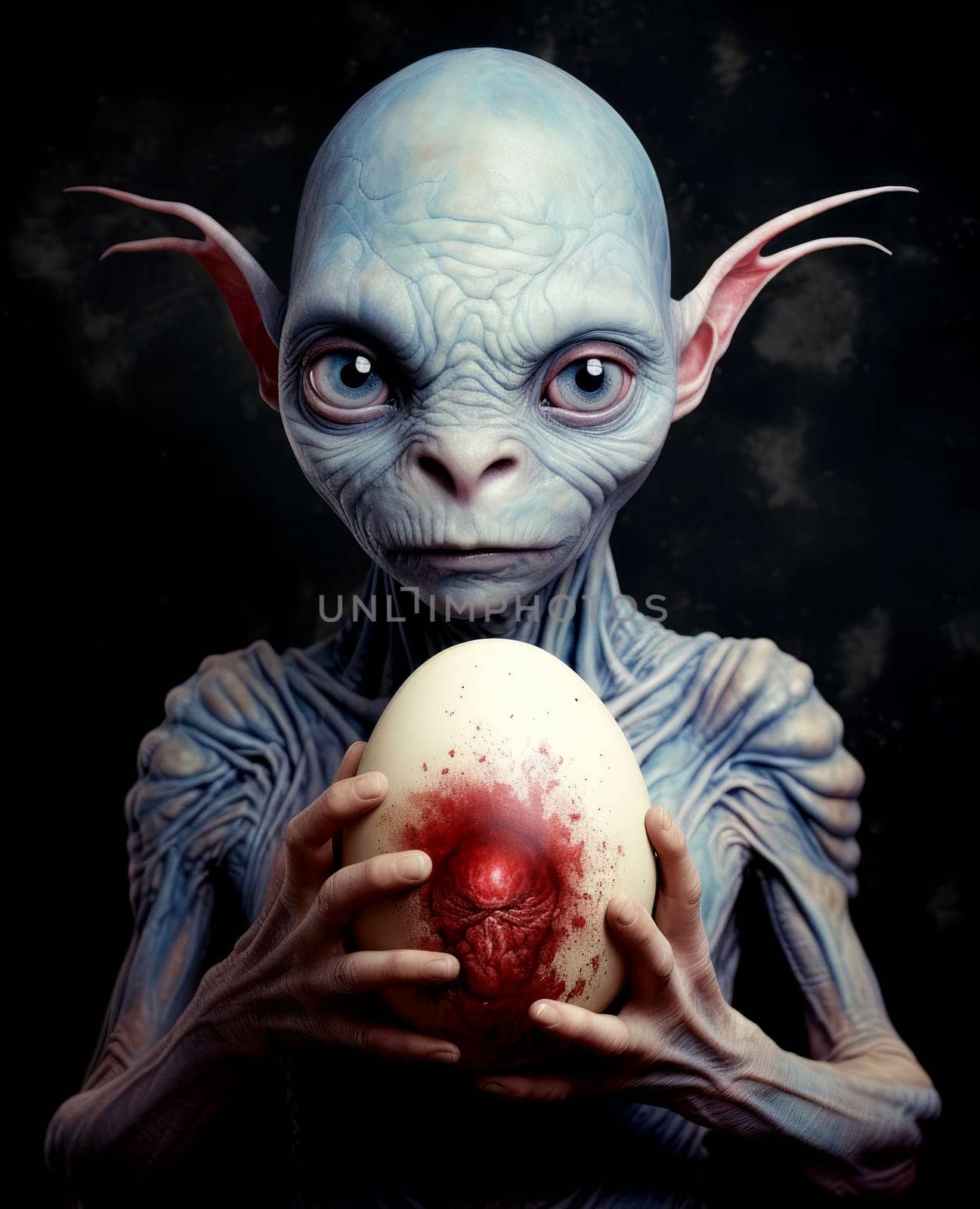 The alien is holding an Easter egg. Template for t-shirt print, sticker, poster, etc. Cartoon sci-fi character