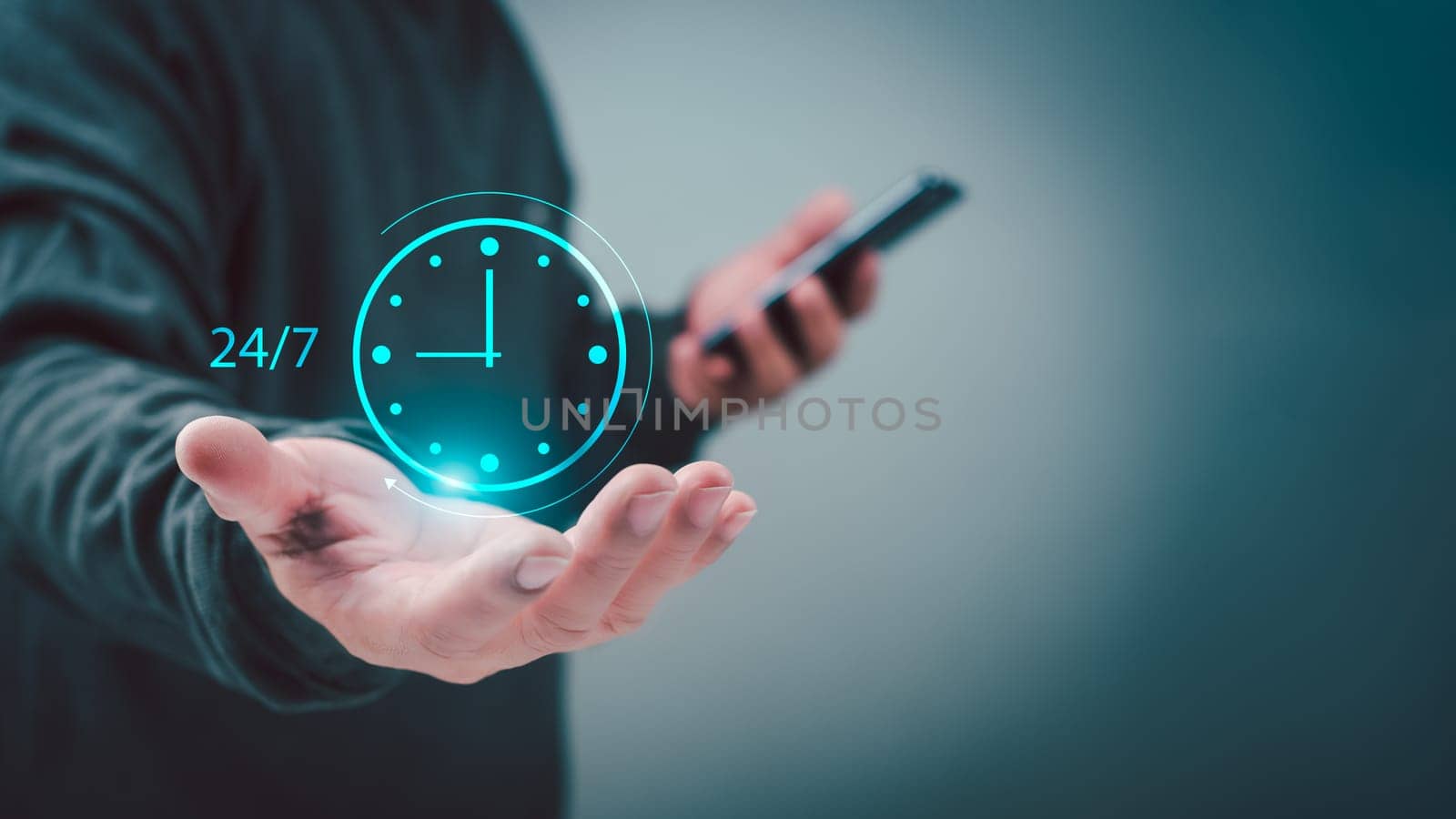 work 24hour and 7 day icon virtual screen hologram, 24hour open, 24 hour payment online banking, shopping, transection online service server cloud running. by Unimages2527