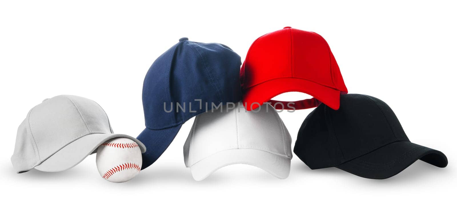 Colorful Assortment of Baseball Caps and a Ball on White Background by Fabrikasimf