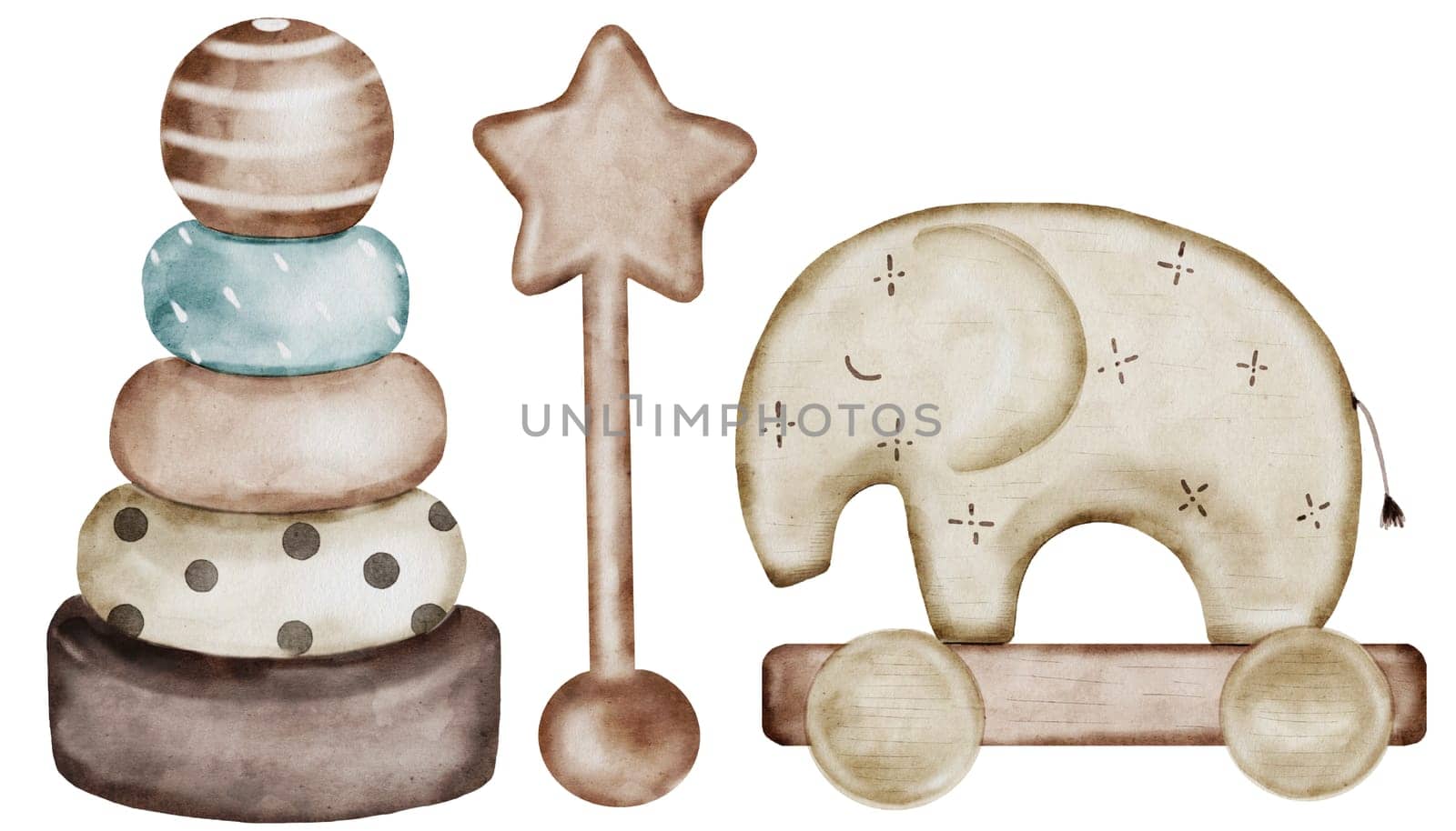 Baby toys wooden. Hand drawn vintage set isolated on white background. Made of wood for children's play. Pyramid, elephant on wheels and rattle. For the design of invitation and educational cards, birthday cards and baby showers. High quality illustration