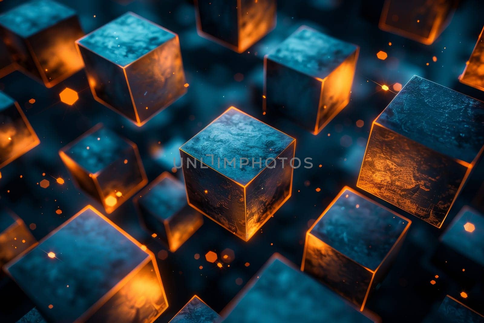 A close up of a bunch of cubes with a blue background. The cubes are lit up with orange lights, giving the image a futuristic and industrial feel
