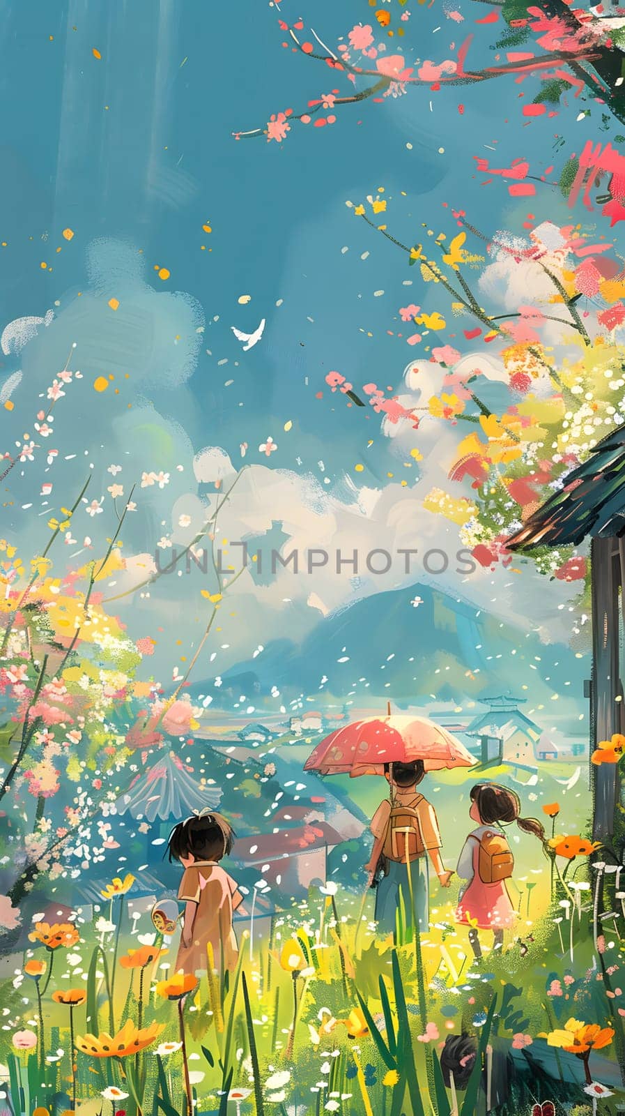 A group of individuals stand in a field of vibrant flowers, each holding an umbrella under the warm sunlight. The natural landscape is filled with colorful botanical vegetation and lush green grass